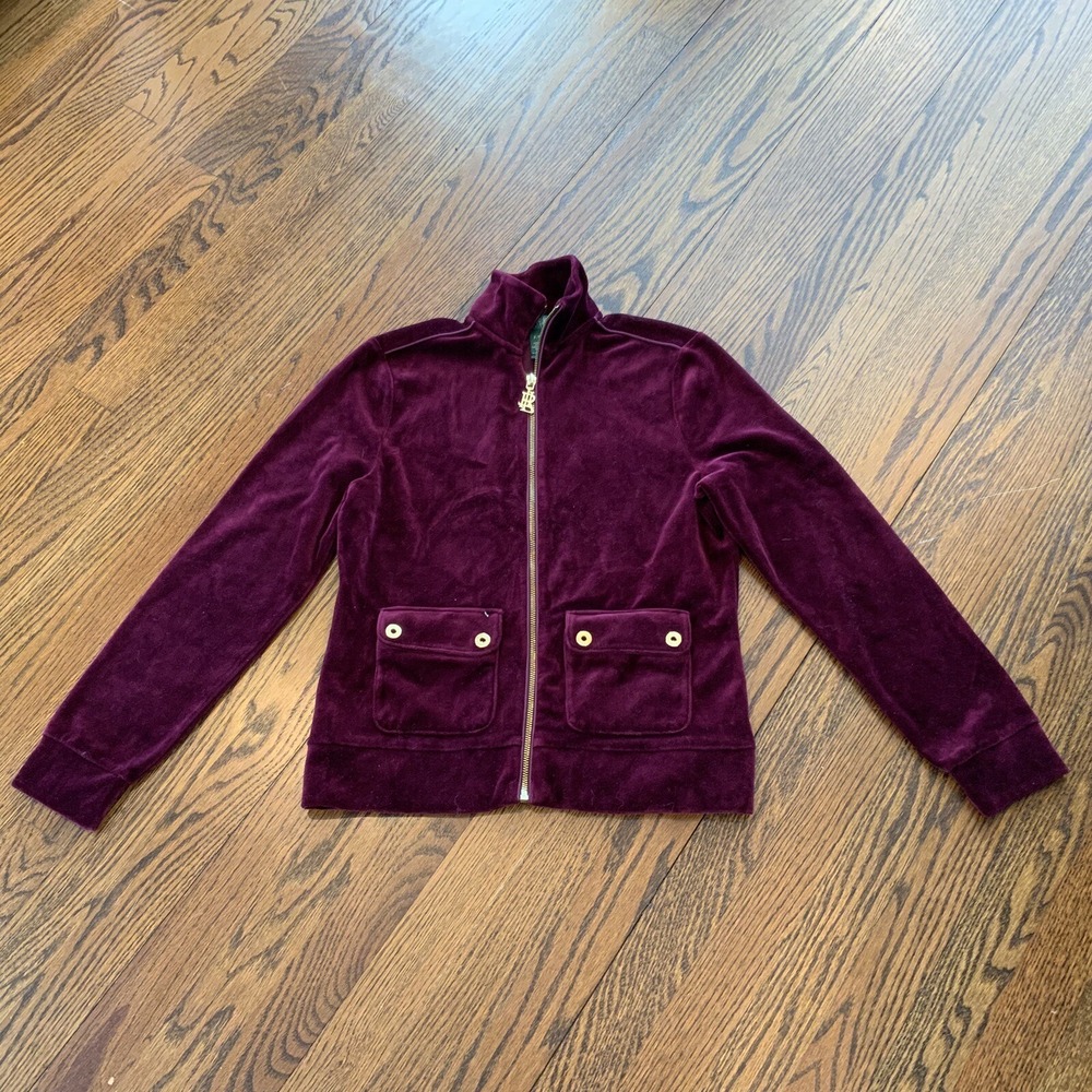 Lauren Ralph Lauren Sweater Women Sz Petite‎ Wine Velvet Zip Up Jacket Logo